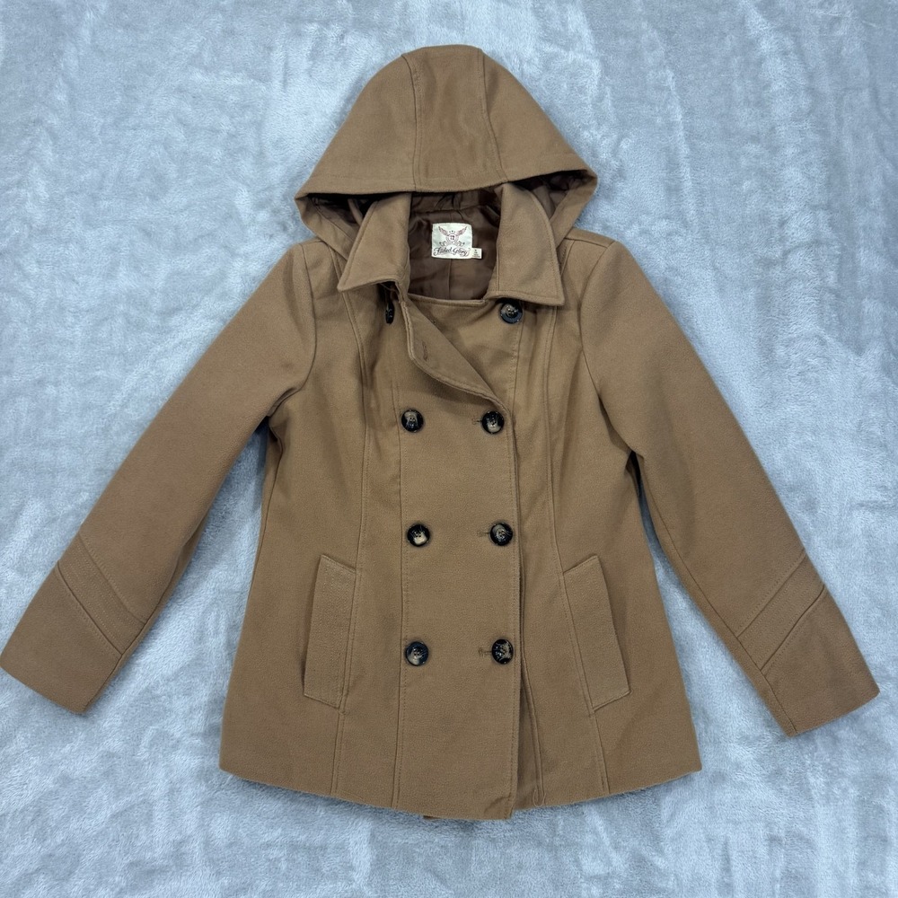Faded Glory Jacket Womens M Tan Brown Double Breasted Pea Coat Soft Lined Hooded